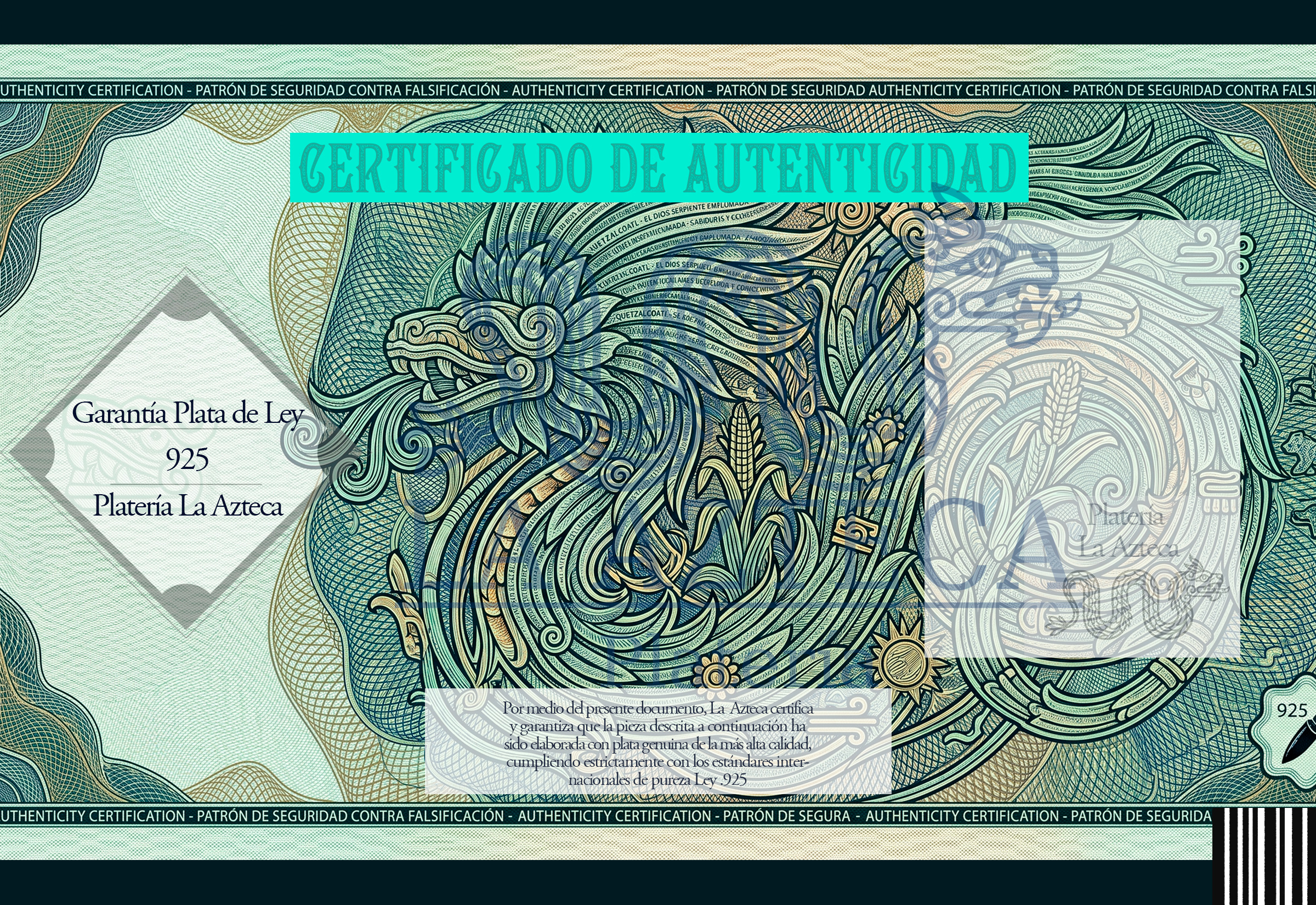 Certificado de Autenticidad Quetzalcóatl — Platería Mexicana .925